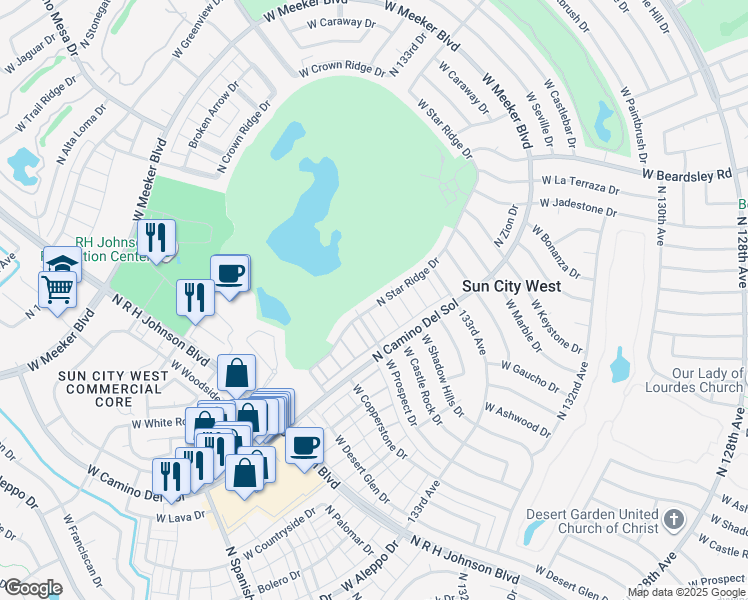 map of restaurants, bars, coffee shops, grocery stores, and more near 19458 North Star Ridge Drive in Sun City West