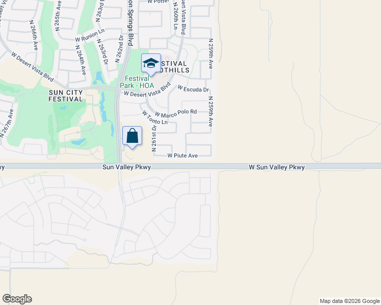 map of restaurants, bars, coffee shops, grocery stores, and more near 26012 West Piute Avenue in Buckeye