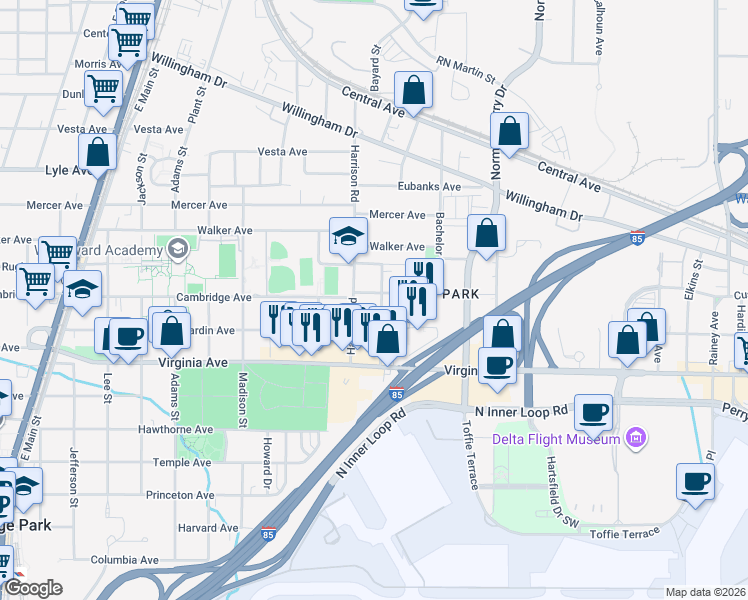 map of restaurants, bars, coffee shops, grocery stores, and more near 3439 Lee Street in East Point