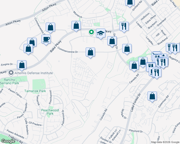 map of restaurants, bars, coffee shops, grocery stores, and more near 380 Bellver in Lake Forest