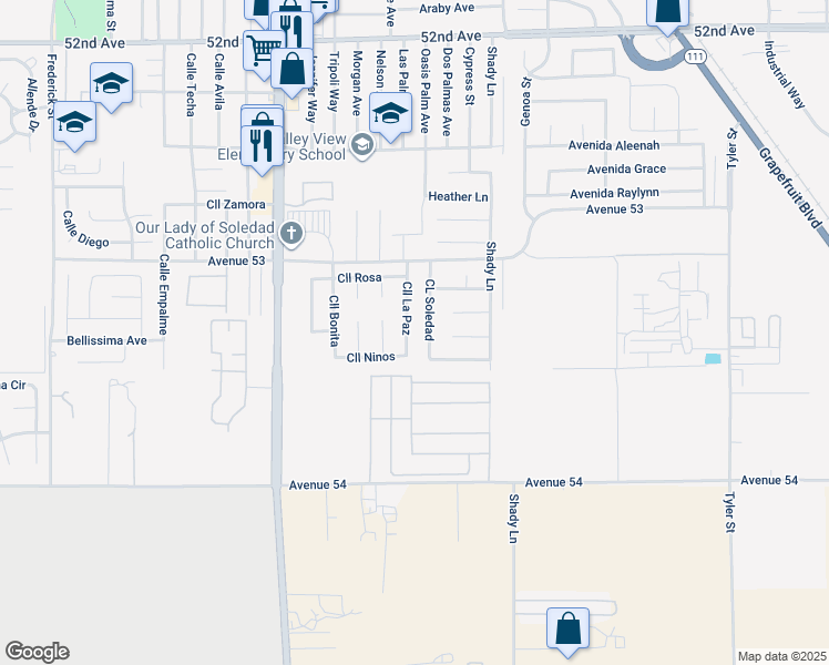 map of restaurants, bars, coffee shops, grocery stores, and more near 53430 Calle La Paz in Coachella