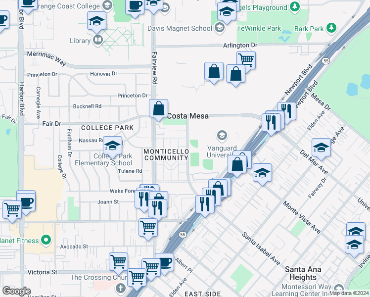 map of restaurants, bars, coffee shops, grocery stores, and more near 105 Georgetown Lane in Costa Mesa