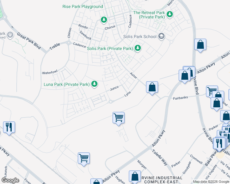 map of restaurants, bars, coffee shops, grocery stores, and more near 138 Billings in Irvine