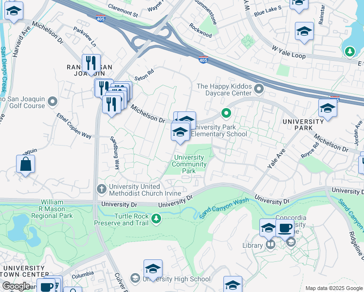 map of restaurants, bars, coffee shops, grocery stores, and more near 4552 Sandburg Way in Irvine