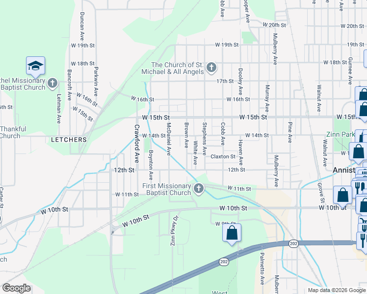 map of restaurants, bars, coffee shops, grocery stores, and more near 1213 West 13th Street in Anniston
