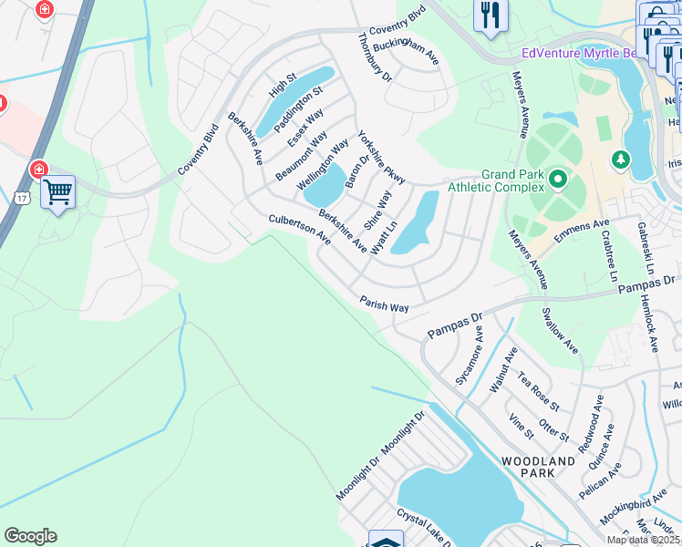 map of restaurants, bars, coffee shops, grocery stores, and more near 1472 Parish Way in Myrtle Beach