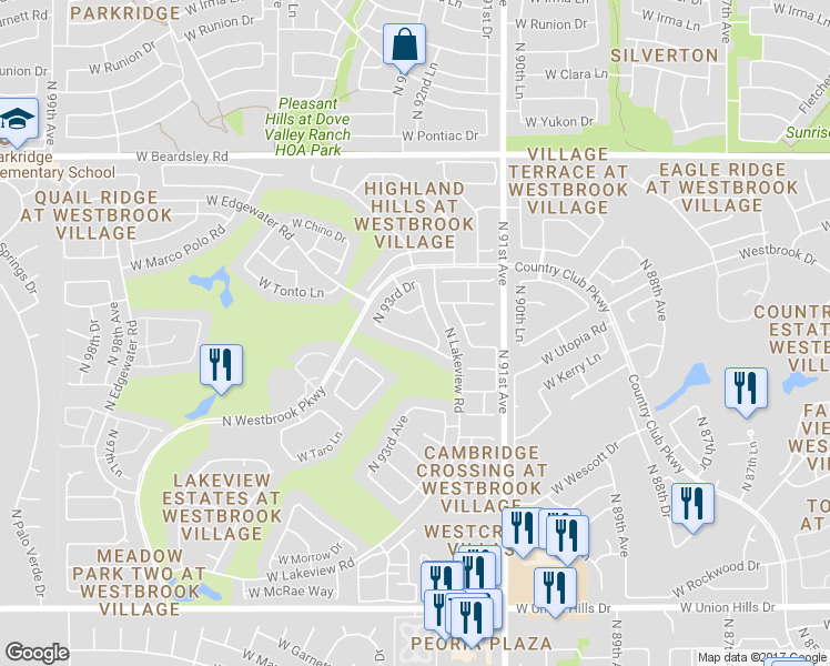 map of restaurants, bars, coffee shops, grocery stores, and more near 9228 West Oraibi Drive in Peoria