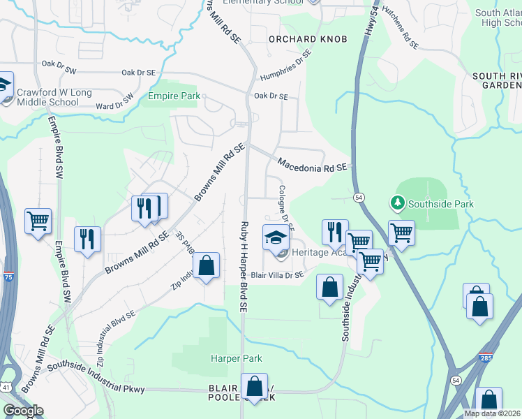map of restaurants, bars, coffee shops, grocery stores, and more near 342 Triumph Circle Southeast in Atlanta