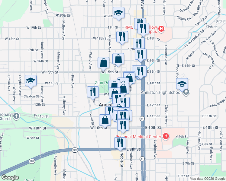 map of restaurants, bars, coffee shops, grocery stores, and more near 1311 Gurnee Avenue in Anniston