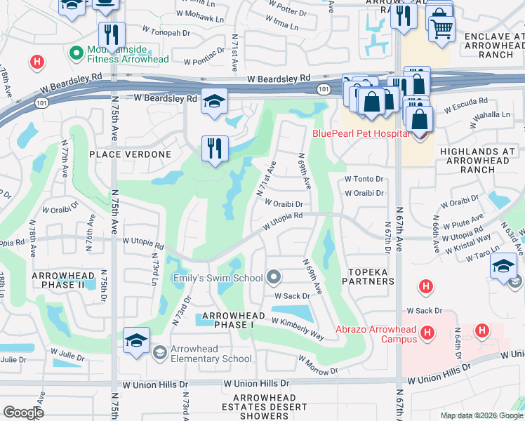 map of restaurants, bars, coffee shops, grocery stores, and more near 19516 North 71st Avenue in Glendale