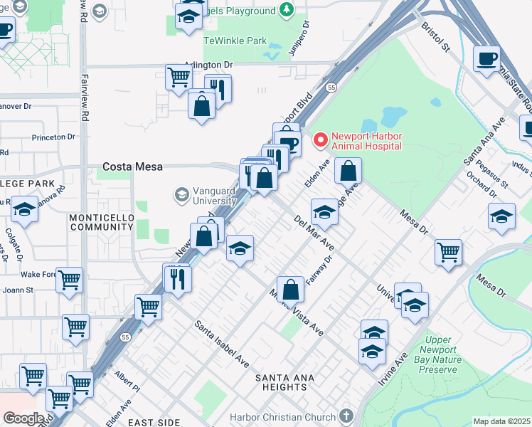 map of restaurants, bars, coffee shops, grocery stores, and more near 2570 Newport Boulevard in Costa Mesa