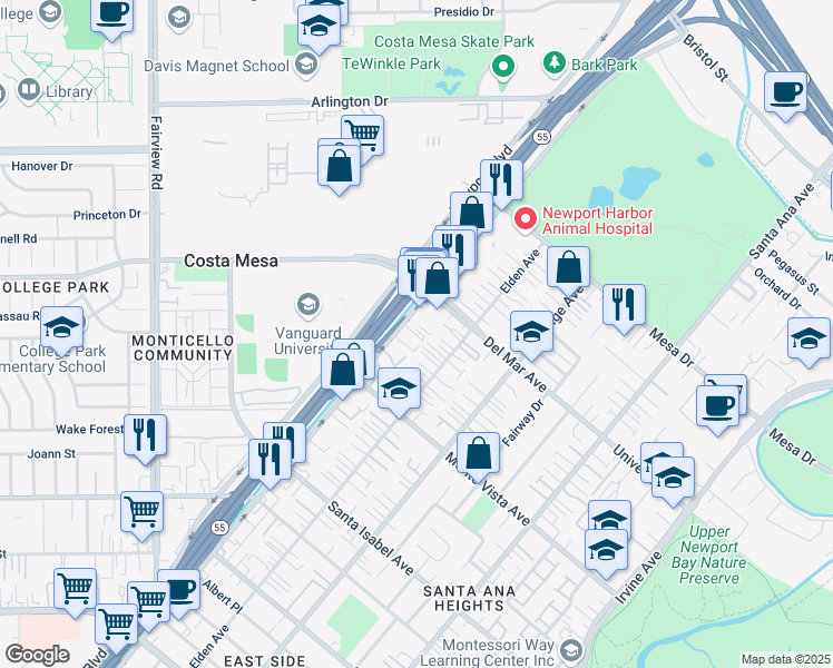 map of restaurants, bars, coffee shops, grocery stores, and more near 2570 Newport Boulevard in Costa Mesa