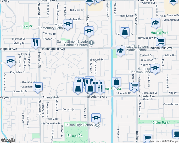 map of restaurants, bars, coffee shops, grocery stores, and more near 20732 Kelvin Lane in Huntington Beach