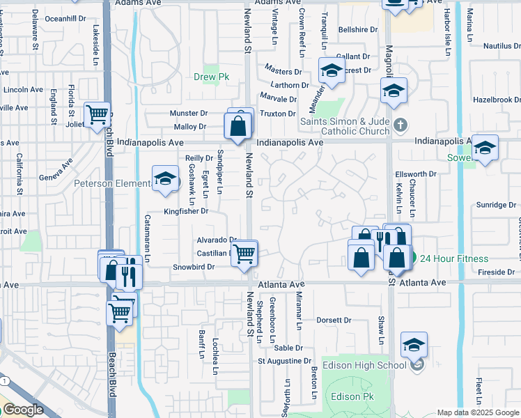 map of restaurants, bars, coffee shops, grocery stores, and more near 20732 Mission Lane in Huntington Beach