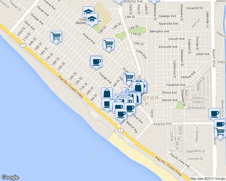 map of restaurants, bars, coffee shops, grocery stores, and more near 327 7th Street in Huntington Beach