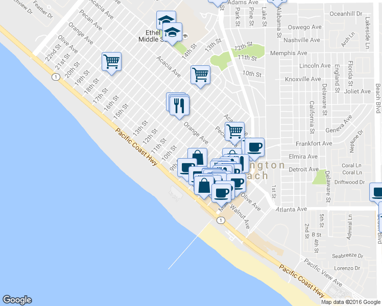 map of restaurants, bars, coffee shops, grocery stores, and more near 810 Olive Avenue in Huntington Beach