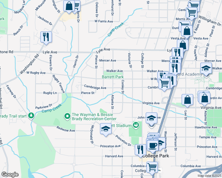 map of restaurants, bars, coffee shops, grocery stores, and more near 2040 Cambridge Avenue in College Park