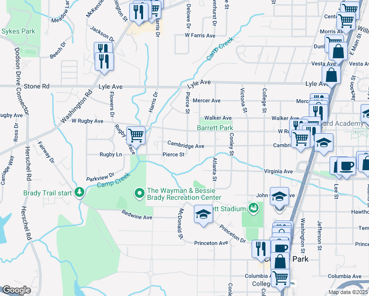 map of restaurants, bars, coffee shops, grocery stores, and more near 2090 Cambridge Avenue in College Park