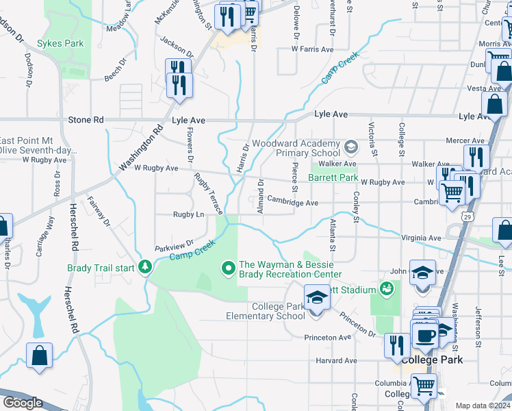 map of restaurants, bars, coffee shops, grocery stores, and more near 3445 Almand Drive in Atlanta