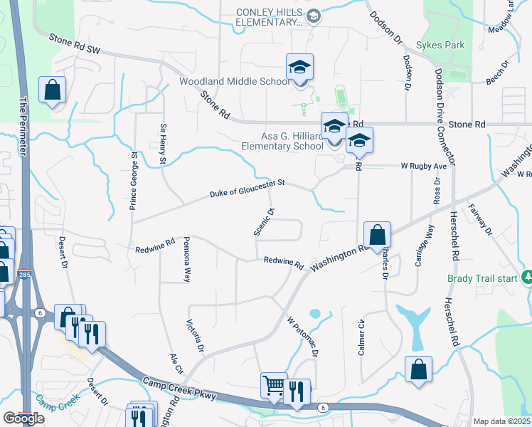 map of restaurants, bars, coffee shops, grocery stores, and more near 3457 Scenic Drive in East Point