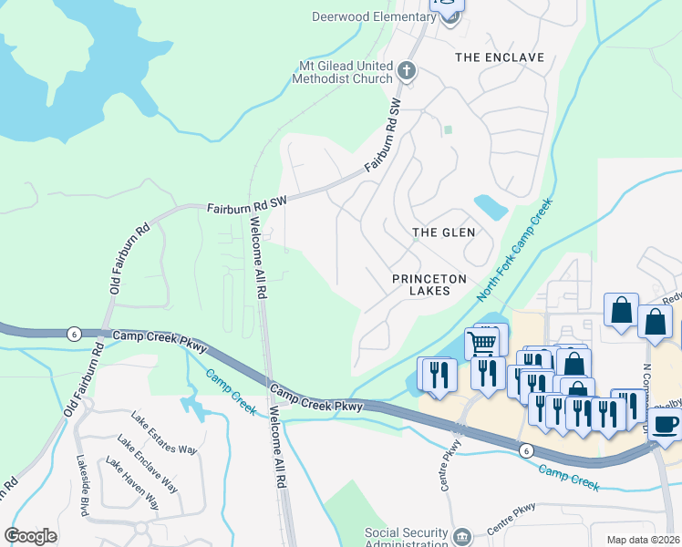 map of restaurants, bars, coffee shops, grocery stores, and more near 3280 Welmingham Drive Southwest in Atlanta