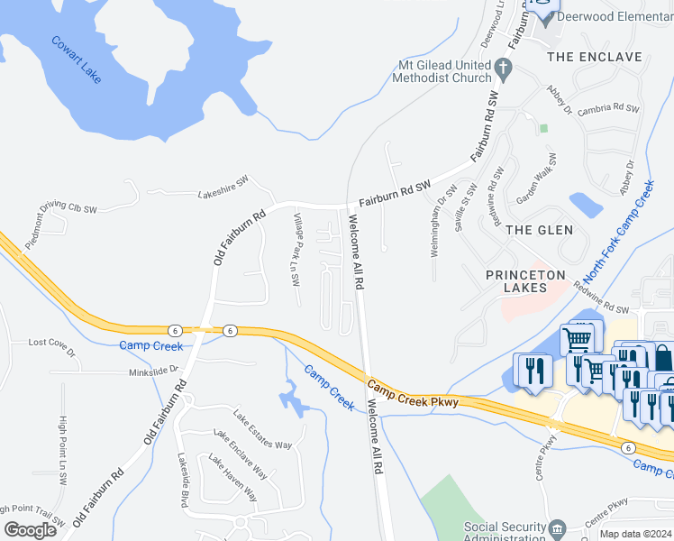 map of restaurants, bars, coffee shops, grocery stores, and more near 3390 Fairburn Road Southwest in Atlanta