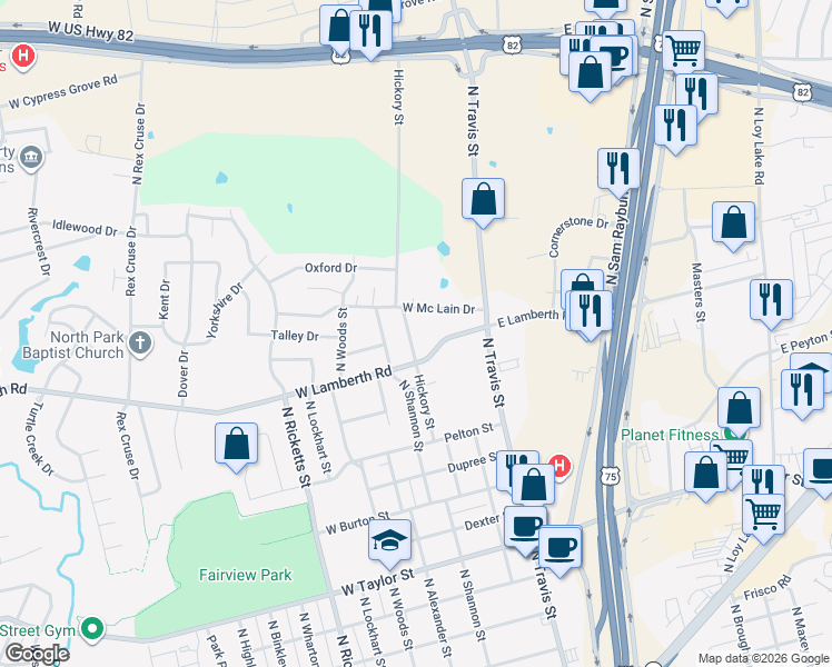 map of restaurants, bars, coffee shops, grocery stores, and more near 2601 North Hickory Street in Sherman
