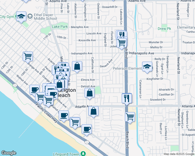 map of restaurants, bars, coffee shops, grocery stores, and more near 503 Delaware Street in Huntington Beach