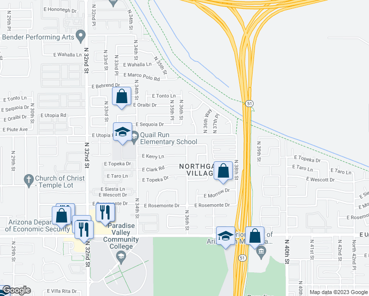 map of restaurants, bars, coffee shops, grocery stores, and more near 3543 East Kristal Way in Phoenix