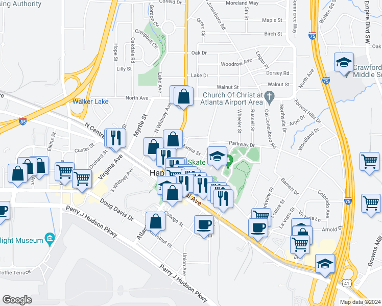 map of restaurants, bars, coffee shops, grocery stores, and more near 576 Marina Street in Atlanta