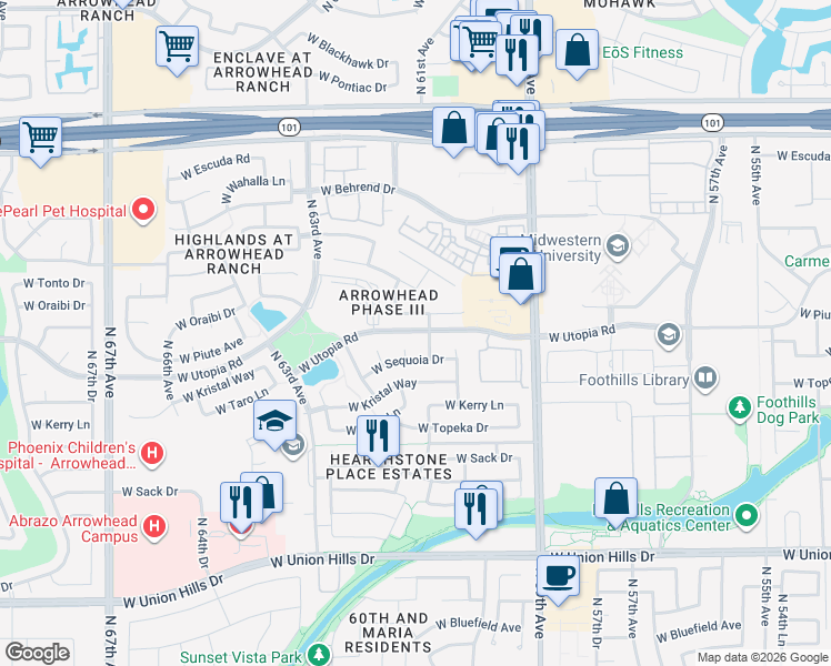 map of restaurants, bars, coffee shops, grocery stores, and more near 6125 West Utopia Road in Glendale