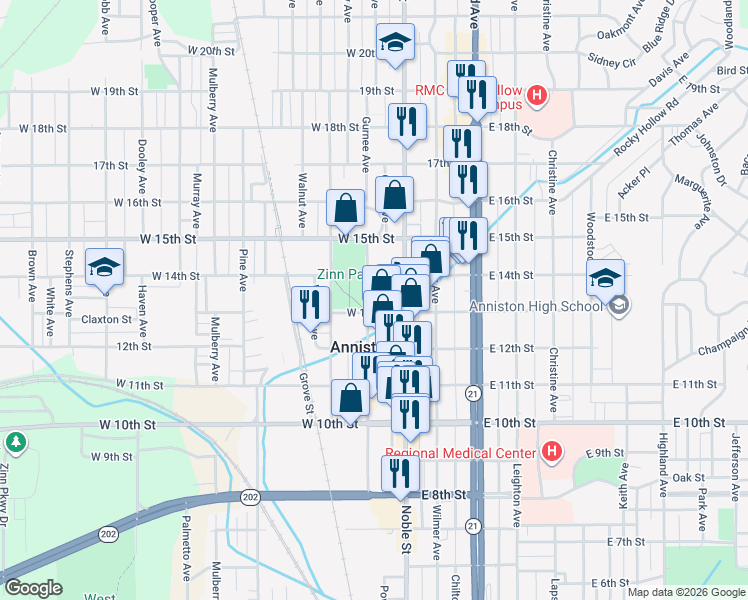 map of restaurants, bars, coffee shops, grocery stores, and more near 1311 Gurnee Avenue in Anniston