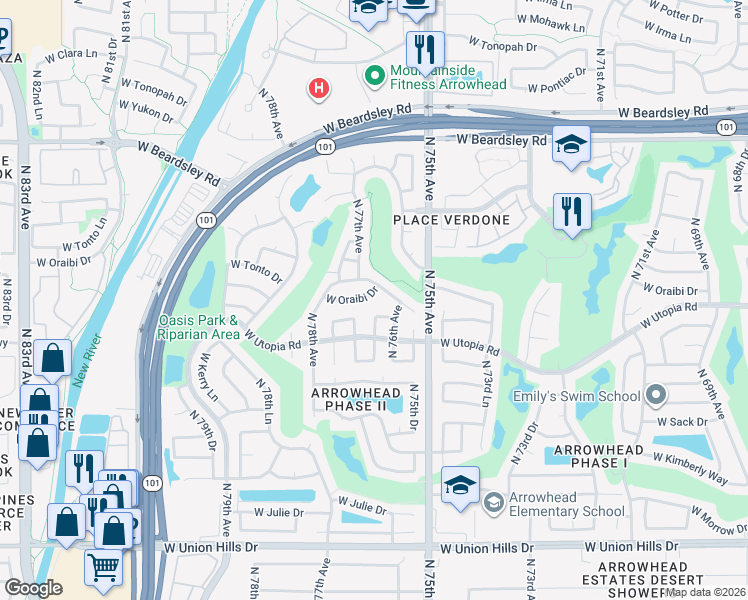 map of restaurants, bars, coffee shops, grocery stores, and more near 7603 West Oraibi Drive in Glendale