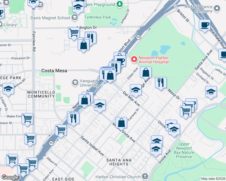 map of restaurants, bars, coffee shops, grocery stores, and more near 2573 Elden Avenue in Costa Mesa