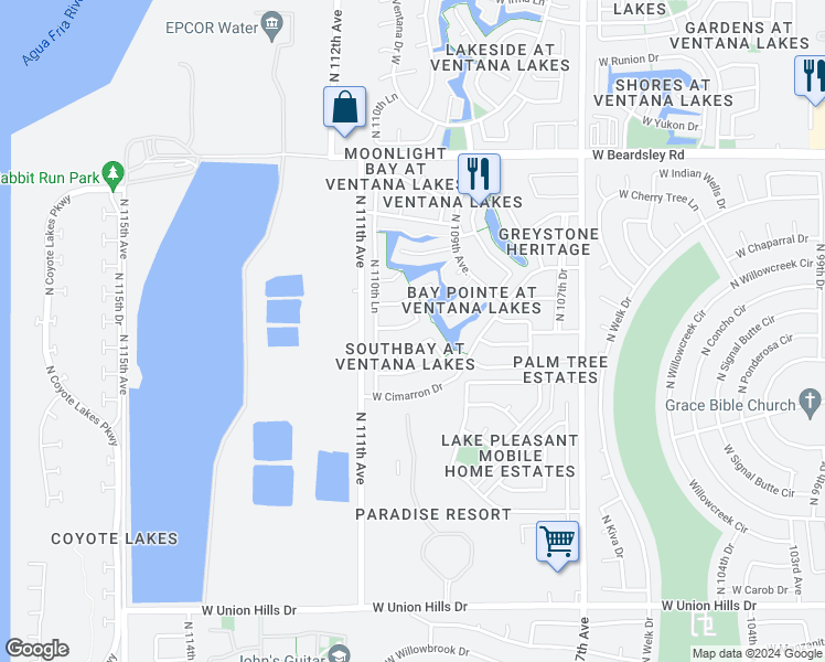 map of restaurants, bars, coffee shops, grocery stores, and more near 11033 West Oraibi Drive in Sun City