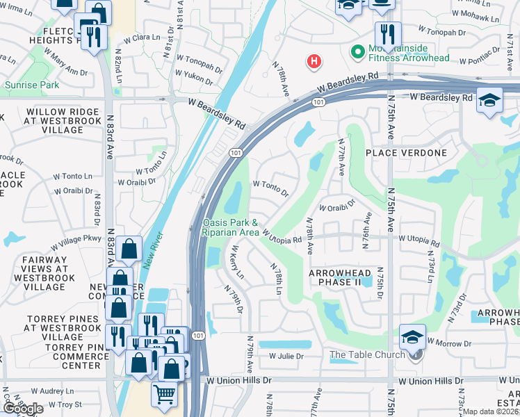 map of restaurants, bars, coffee shops, grocery stores, and more near 7880 W Piute Ave in Glendale