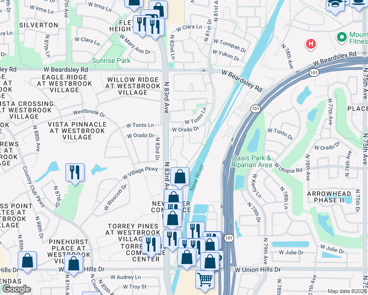 map of restaurants, bars, coffee shops, grocery stores, and more near 8203 West Oraibi Drive in Peoria