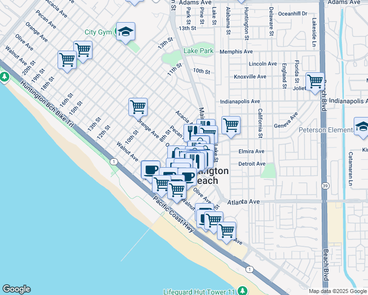 map of restaurants, bars, coffee shops, grocery stores, and more near 415 6th Street in Huntington Beach
