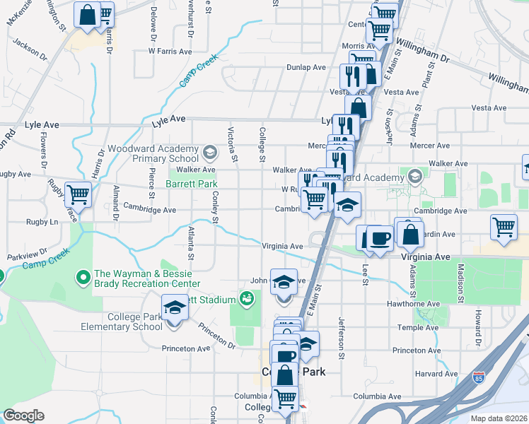 map of restaurants, bars, coffee shops, grocery stores, and more near 1906 Cambridge Avenue in Atlanta
