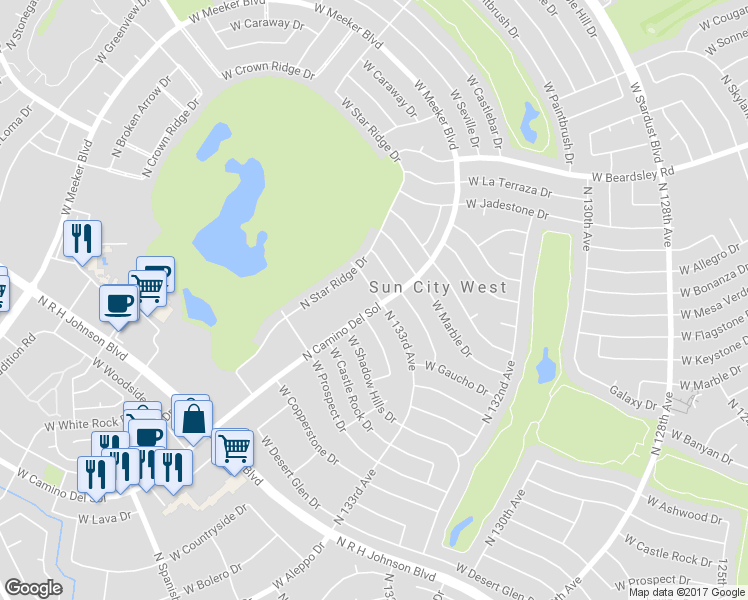 map of restaurants, bars, coffee shops, grocery stores, and more near 19654 North Camino Del Sol in Sun City West