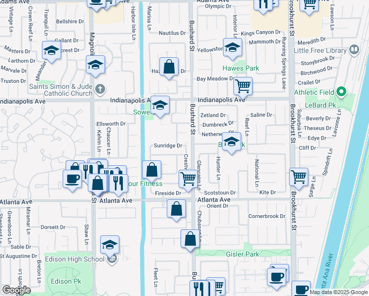 map of restaurants, bars, coffee shops, grocery stores, and more near 9432 Sunridge Drive in Huntington Beach