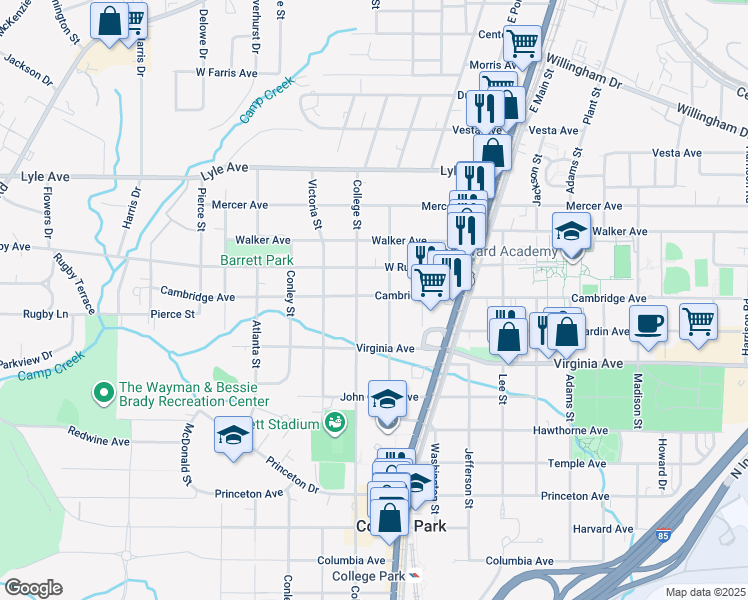 map of restaurants, bars, coffee shops, grocery stores, and more near 1866 Cambridge Avenue in College Park