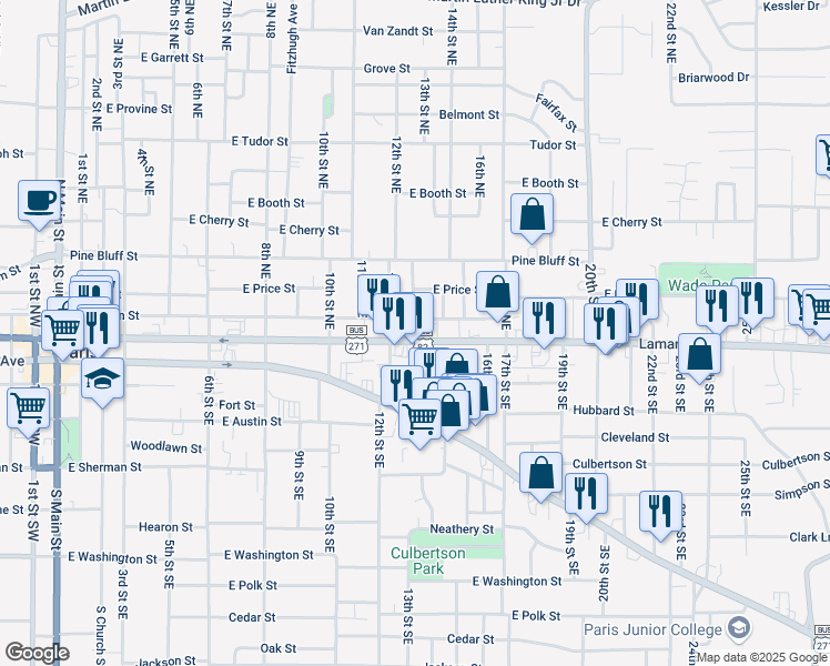 map of restaurants, bars, coffee shops, grocery stores, and more near 1249 Lamar Avenue in Paris