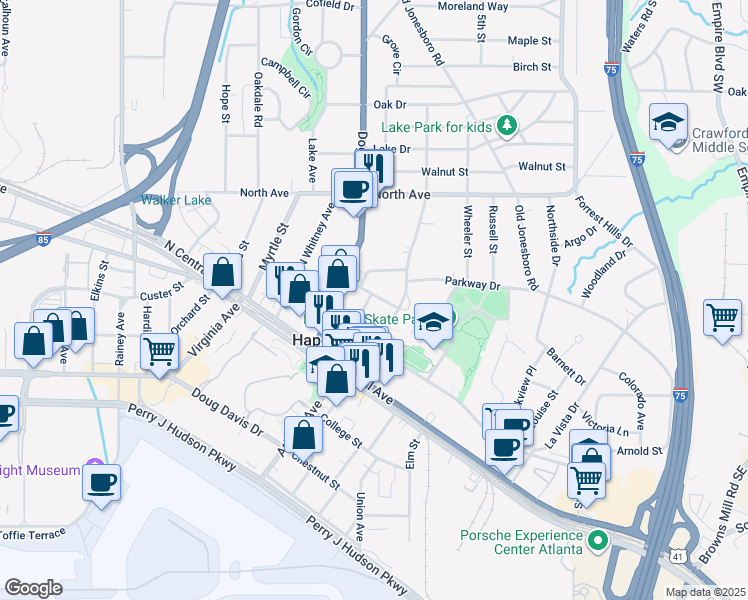 map of restaurants, bars, coffee shops, grocery stores, and more near 576 Marina Street in Atlanta