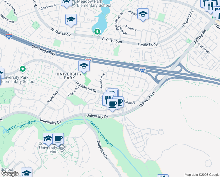 map of restaurants, bars, coffee shops, grocery stores, and more near 17361 Sandalwood in Irvine