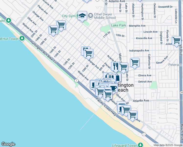 map of restaurants, bars, coffee shops, grocery stores, and more near 810 Olive Avenue in Huntington Beach
