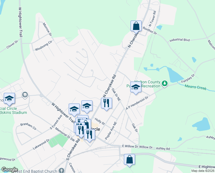 map of restaurants, bars, coffee shops, grocery stores, and more near 435 North Cherokee Road in Social Circle
