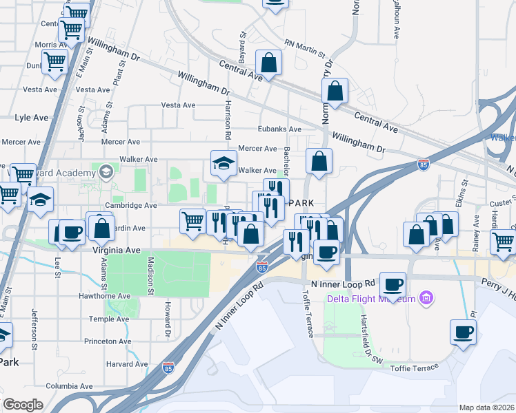 map of restaurants, bars, coffee shops, grocery stores, and more near 1312 Cambridge Avenue in East Point