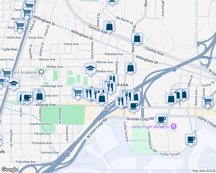 map of restaurants, bars, coffee shops, grocery stores, and more near 1312 Cambridge Avenue in East Point