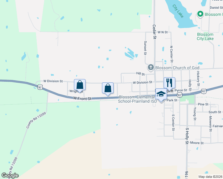 map of restaurants, bars, coffee shops, grocery stores, and more near 135 Cherry Street in Blossom